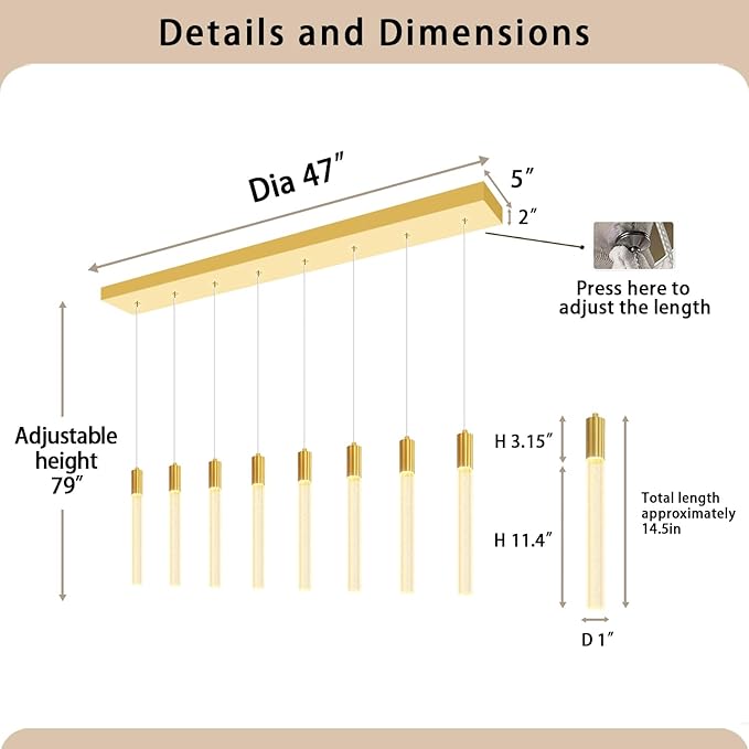8-Light Gold Rectangular LED Chandelier, Bubble Crystal Column Chandeliers, Modern Dimmable Adjustable Height Hanging Light for Kitchen Island, Over Dining Room Table
