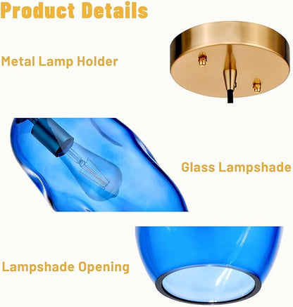 Blue Pendant Light Fixtures Adjustable 12.5'' Height Modern Kitchen Island Lighting Glass Organic Ceiling Hanging Light Fixtures for Bar, Counter, Patio, Over Sink, Dining Room,Table - Blue