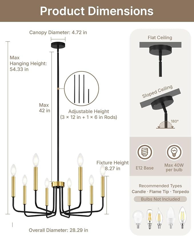 Yunnix 8 Light Black and Gold Chandeliers for Dining Room Lighting Fixtures Hanging, Modern Farmhouse Chandelier for Entryway, Foyer, Staircase, Kitchen and Living Room