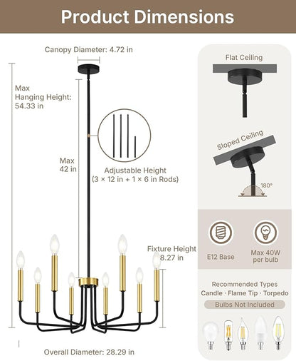 Yunnix 8 Light Black and Gold Chandeliers for Dining Room Lighting Fixtures Hanging, Modern Farmhouse Chandelier for Entryway, Foyer, Staircase, Kitchen and Living Room