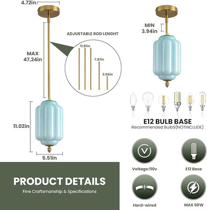 Vintage Blue Glass Pendant Lights 5.5 Inch Mid Century Brass Hanging Ceiling Light, Small Adjustable Height Kitchen Island Hanging Lights for Dining Room, Kitchen, Hallway and Bedroom, E12 Base