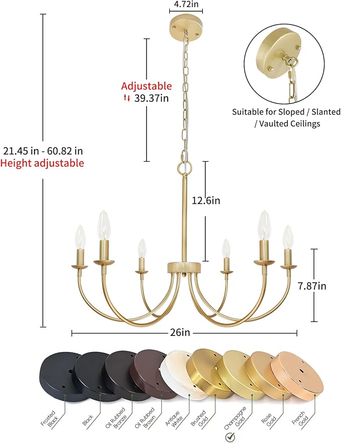 Modern Gold Chandelier, 6-Light Metal Farmhouse Dining Room Light Fixture, Candle Chandelier Light Fixtures Rustic Industrial Modern Chandelier for Bedroom, Foyer, Living Room