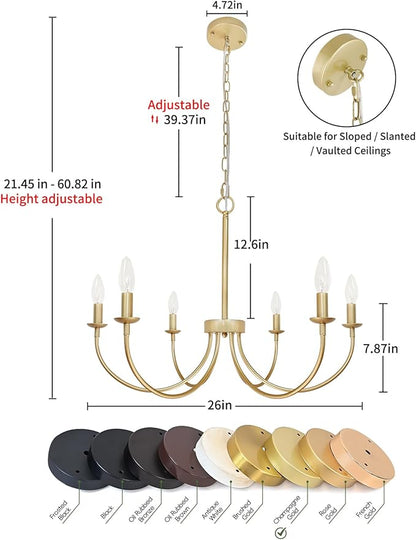 Modern Gold Chandelier, 6-Light Metal Farmhouse Dining Room Light Fixture, Candle Chandelier Light Fixtures Rustic Industrial Modern Chandelier for Bedroom, Foyer, Living Room
