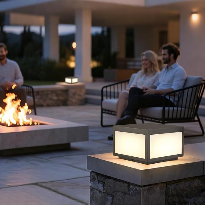 Outdoor Modern Post Light, 10" Hard Wired Pillar Lights Square Post Column Caps Lamp for Flat Surface, Electric Modern Fence Deck Cap Lantern Lighting for Patio Garden Driveways IP65 Waterproof
