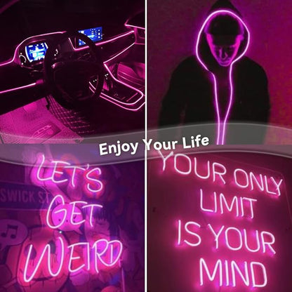 El Wire Lights for Car Interior, Pink Neon 16FT/5M LED Strip Light, USB 5V for Garden Party Decoration