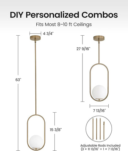 Yunnix Pendant Lights Kitchen Island, Pendant Light Fixtures, Modern Champagne Bronze Globe Glass Pendant Lighting, Mid Century Chandelier One Light for Bathroom Bedroom Dining Room