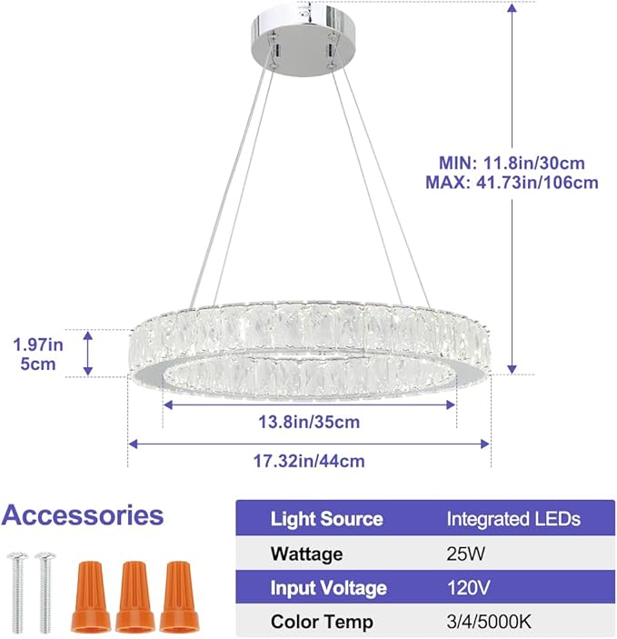 LED Chandelier, Modern Crystal Chandeliers, 17’’ Pendant Light 3/4/5000K Dimmable, Adjustable Height Ceiling Light Fixture for Dining Room, Stairwell, Entryway, Bedroom, ETL Listed