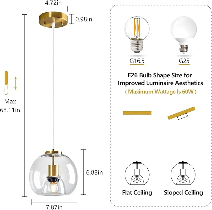 Clear Glass Pendant Lights Kitchen Island 3 Pack 7.87" Glass Globe Pendant Light Gold Hanging Light Fixture Modern Pendant Lighting for Kitchen Island Bedroom Dining Room