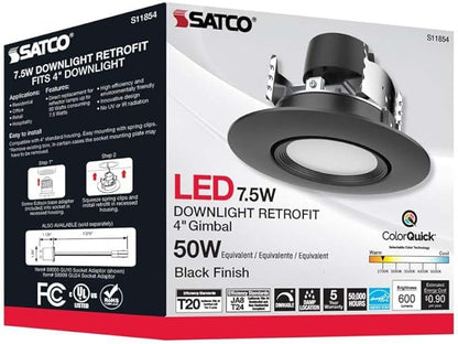 Satco LED Retrofit Gimbal Downlight, CCT Selectable 2700K/3000K/3500K/4000K/5000K, 4 Inches, Black Finish