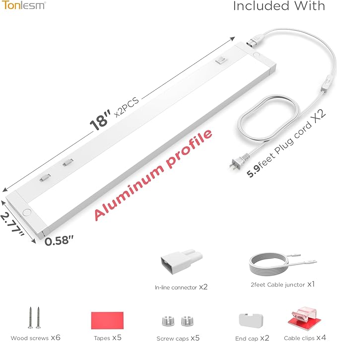 18 Inch Under Cabinet Lighting Plug in, 10W 120V 3 Color 3000K/4000K/5000K, 3 Brightness, Super Bright, Ultra Thin Under Counter Lights for Kitchen, Linkable LED Cabinet Light, White 2 Pack