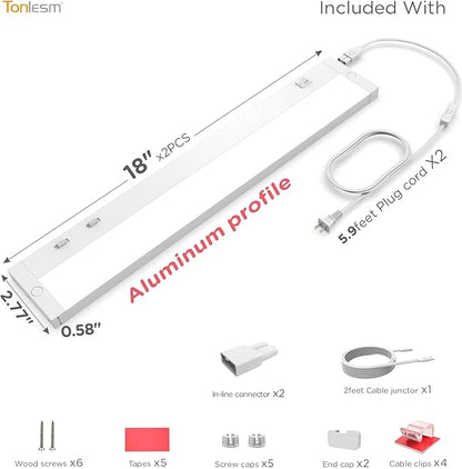 18 Inch Under Cabinet Lighting Plug in, 10W 120V 3 Color 3000K/4000K/5000K, 3 Brightness, Super Bright, Ultra Thin Under Counter Lights for Kitchen, Linkable LED Cabinet Light, White 2 Pack