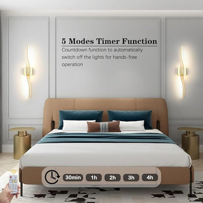Daunton Modern Gold Wall Light Fixture Set of 2, RC Dimmable LED Wall Light Indoor, LED Wall Decor for Hallway Bedroom Living Room, Hardwired Wall Sconce with Remote Control, 27.56" in, Timer, Memory