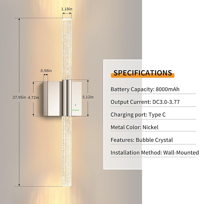 Battery Operated Wireless Wall Sconces Set of Two, Rechargeable Nickel Wall Lighting with No Wiring, Extra Large Dimmable Modern LED Lantern for Indoor Corridor, Entrance Hall (28"-2 Pack)