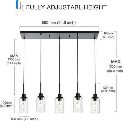 MELUCEE Black Pendant Lights for Kitchen Island, 5-Light Dining Room Light Fixtures Linear Chandeliers with Clear Glass Shade, DIY Hanging Lamp Ceiling for Dining Room Kitchen Bar