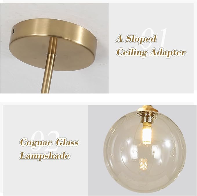 Mid Century Modern Sputnik Chandelier Brass Gold Chandelier Cognac Clear Glass Globe Sputnik Chandelier for Kitchen Dining Room Bedroom
