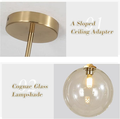 Mid Century Modern Sputnik Chandelier Brass Gold Chandelier Cognac Clear Glass Globe Sputnik Chandelier for Kitchen Dining Room Bedroom