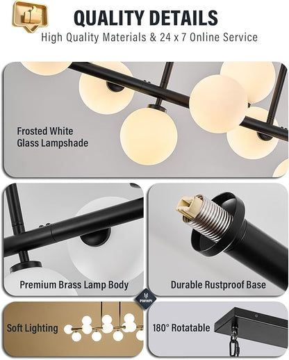 Modern Chandeliers for Dining Room Kitchen Island, 55" Long Large Linear Sputnik Globe Chandelier, 16-Light Mid Century Modern Light Fixture Over Table, Black and Milk White Bubble, GC-08