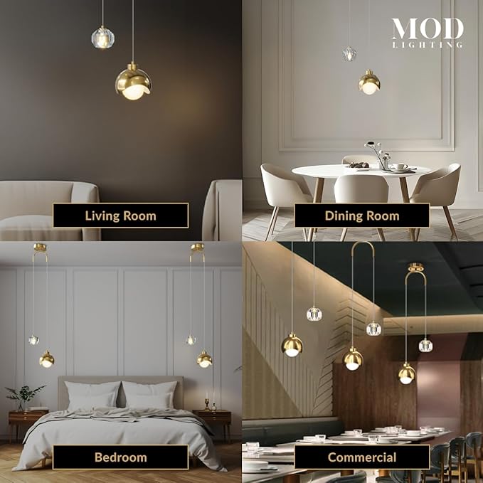 MOD LIGHTING Diana | Modern Gold Pendant Light Fixtures, Hanging Lights for Kitchen Island, Bedroom Lighting for Tracking, Dimmable LED Bulbs, 1-Pack (Gold & Crystal | 79" | Warm White)