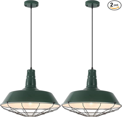 Green Industrial Pendant Lights Kitchen Island, 18.1 Inch Large Pendant Light, Farmhouse Pendant Light with Wire Cage, Barn Pendant 2 Pack, Island Pendant Lights for Kitchen Dining Room
