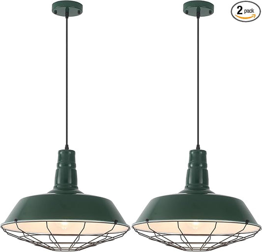 Green Industrial Pendant Lights Kitchen Island, 18.1 Inch Large Pendant Light, Farmhouse Pendant Light with Wire Cage, Barn Pendant 2 Pack, Island Pendant Lights for Kitchen Dining Room