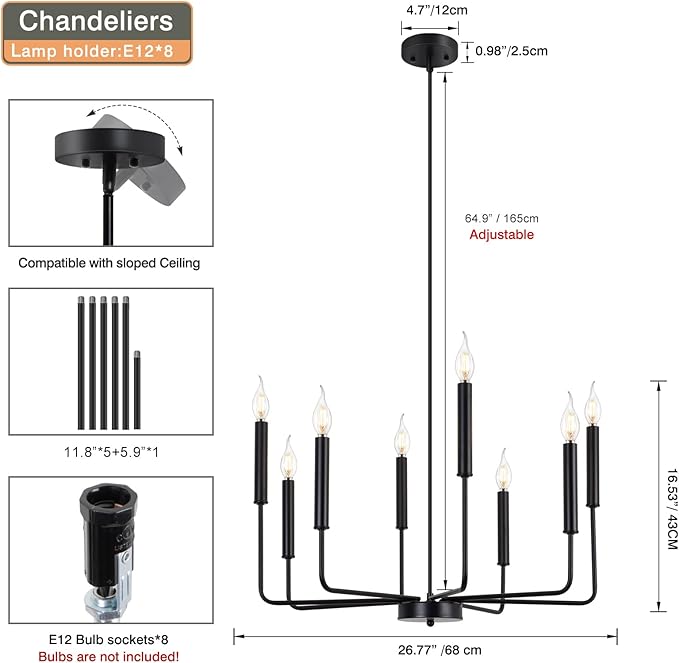 Yiisem Modern Farmhouse Black Chandelier, 8-Light Rustic Candle Chandelier, Industrial Hanging Chandeliers for Dining Room, Living Room, Kitchen, Foyer, Entryway