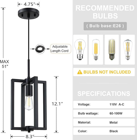1 Light Hanging Rustic Farmhouse 8.3" Metal Lantern Cage Pendant Ceiling Light Fixture,Cafe Bar Over Sink Dining Room Bedroom Kitchen Island 3 Pack Black