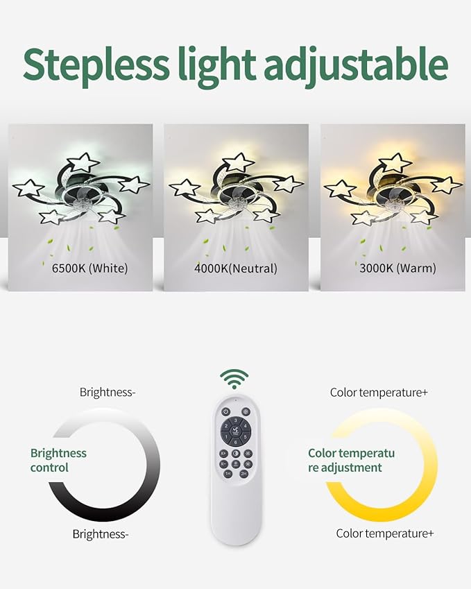 Yfrest Modern Ceiling Fan with Lights Remote Control, Black Star Ceiling Fan with Light APP Control, 6 Speeds 3 Light Color Low Profile Ceiling Fan for Kitchen Bedroom