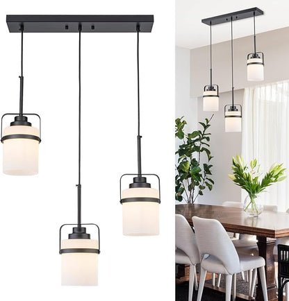 Black 3-Light Pendant Lighting, Adjustable Hanging Light Fixture with Milk Glass Shade, Modern Pendant Light for Kitchen Island Dining Room Bar Over Sink/Table/Counter
