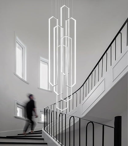 6 Rings Silver Modern Long Large Chandelier Dimmable LED High Ceiling Chandelier for Living Room Foyer Staircase Enterway Hanging Light Fixture Modern Ceiling Light