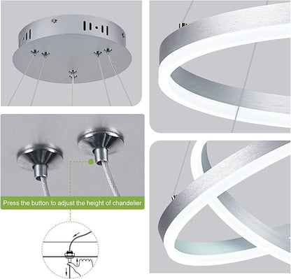 Benkut 2-Rings Modern LED Chandelier Silver for Dining Room, Circular Flush Mount Ceiling Chandelier Light Dimmable Pendant Light with Remote Control for Living Room Entrance Foyer, 3000K-6500K