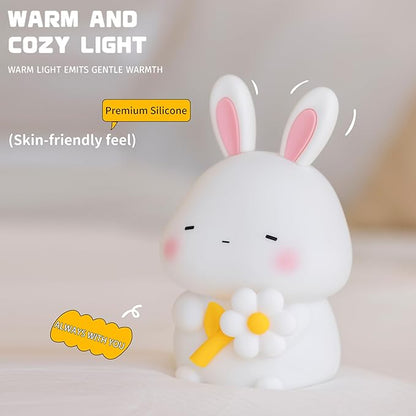 Led Cute Flower Bunny Night Light, Dimmable Timer Kawaii Lamps, Super Squishy Silicone USB Rechargeable Touch Control Night Lamp, Used for Camping Party Room Decor (Bunny with Flower)