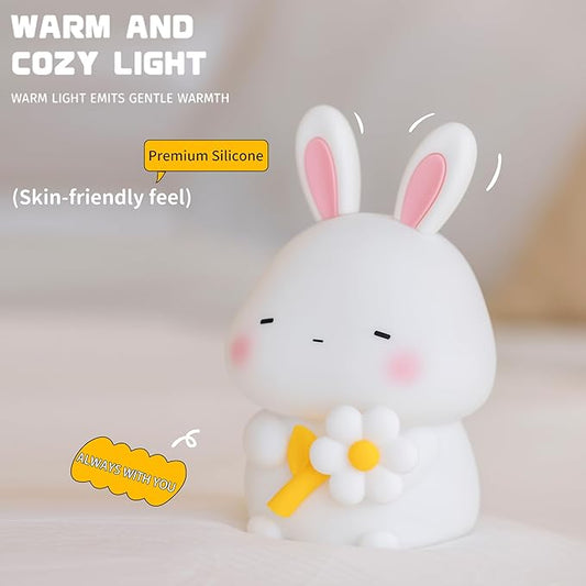 Led Cute Flower Bunny Night Light, Dimmable Timer Kawaii Lamps, Super Squishy Silicone USB Rechargeable Touch Control Night Lamp, Used for Camping Party Room Decor (Bunny with Flower)