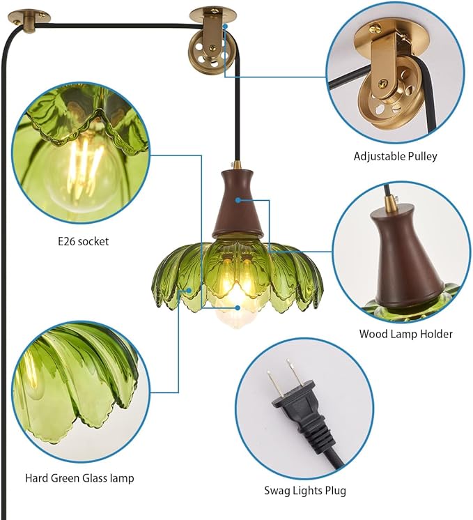 YLONG-ZS Plug-in Pendant Light, Vintage Green Glass Swag Hanging Lamp, Adjustable Pulley Cord, Walnut Stained Solid Wood Base, Mid Century Farmhouse Fixture, No Hardwiring for Kitchen, Dining, Bedroom