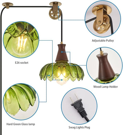 YLONG-ZS Plug-in Pendant Light, Vintage Green Glass Swag Hanging Lamp, Adjustable Pulley Cord, Walnut Stained Solid Wood Base, Mid Century Farmhouse Fixture, No Hardwiring for Kitchen, Dining, Bedroom