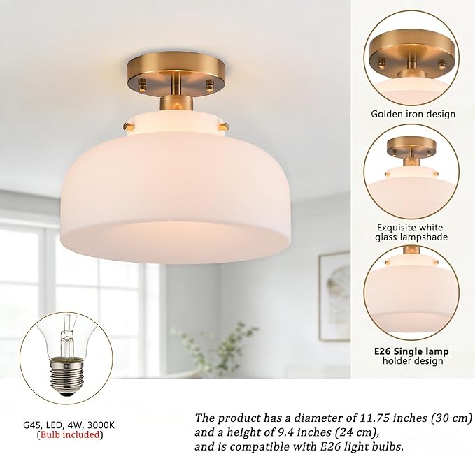 Semi Flush Mount Ceiling Light Fixture, 11.7 Inch Copper Finish with Milk Glass Schoolhouse Style for Kitchen Hallway Entryway