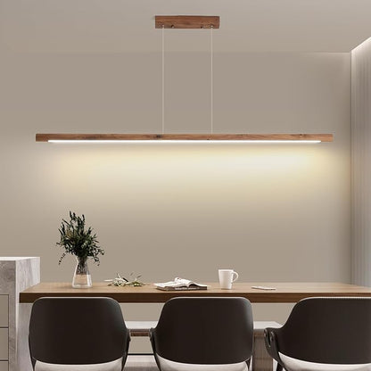 Modern Wooden Pendant Light, 47IN Walnut Wooden Chandelier with Remote Control 3000k-6500K Adjustable Color Temperature，Aluminum Island Lighting Lamp for Dining Room, Living Room, Kitchen