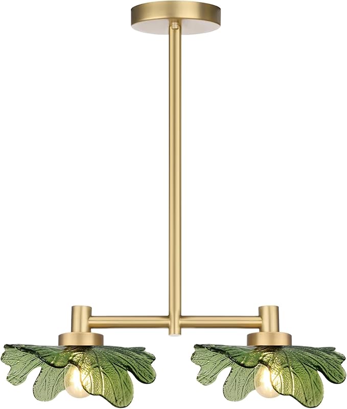 2-Light Modern Green Glass Chandelier, Gold Pendant Light with Leaf-Shaped Shades, Adjustable Height Industrial Farmhouse Chandelier for Dining Room, Kitchen Island, Foyer