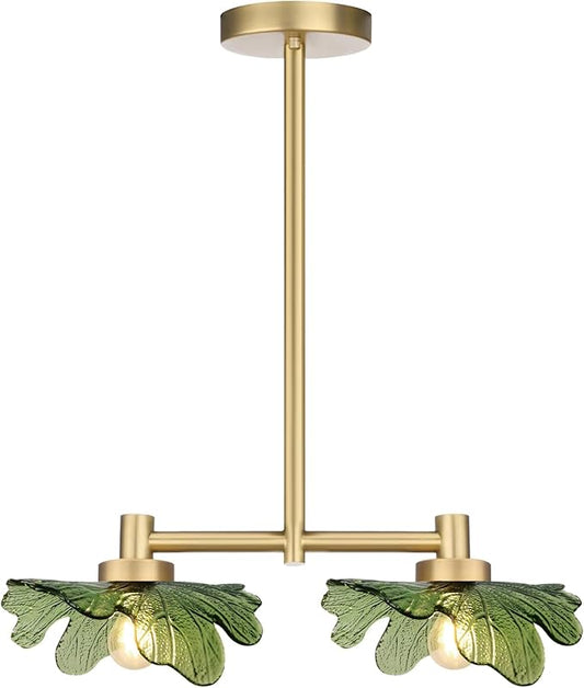 2-Light Modern Green Glass Chandelier, Gold Pendant Light with Leaf-Shaped Shades, Adjustable Height Industrial Farmhouse Chandelier for Dining Room, Kitchen Island, Foyer