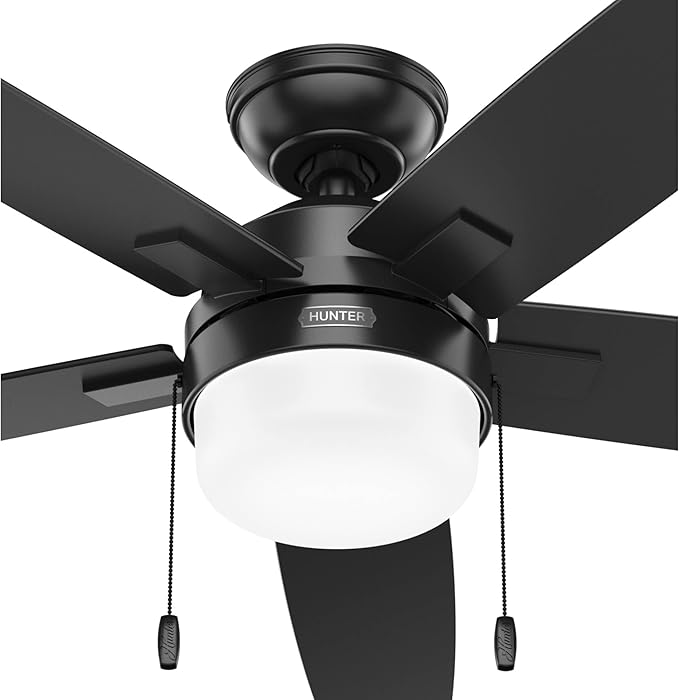 Hunter 52 inch Indoor Ceiling Fan with LED Light - Black Ceiling Fan with Pull Chain, For Bedroom or Living Room, Standard Mount, No Remote, 5 Blades, Includes Bulbs - Anisten 52485, Matte Black
