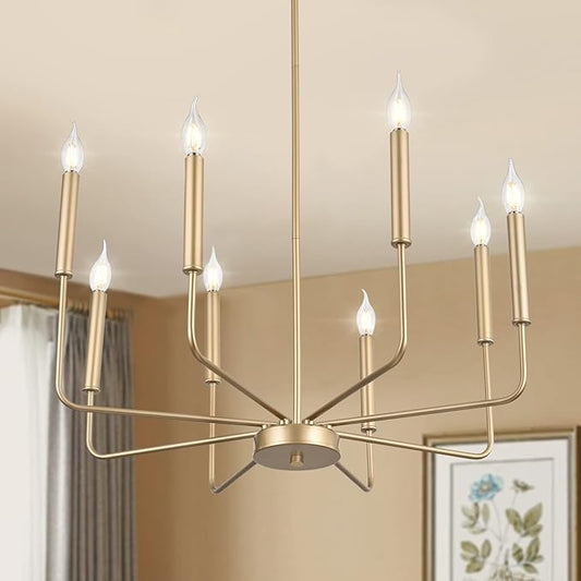 WOKNOS Modern Gold Farmhouse Chandeliers, 8-Light Industrial Metal Chandelier Lighting, Classic Candle Hanging Pendant Light Fixtures for Kitchen Bedroom, Dining Room, Living Room,Foyer