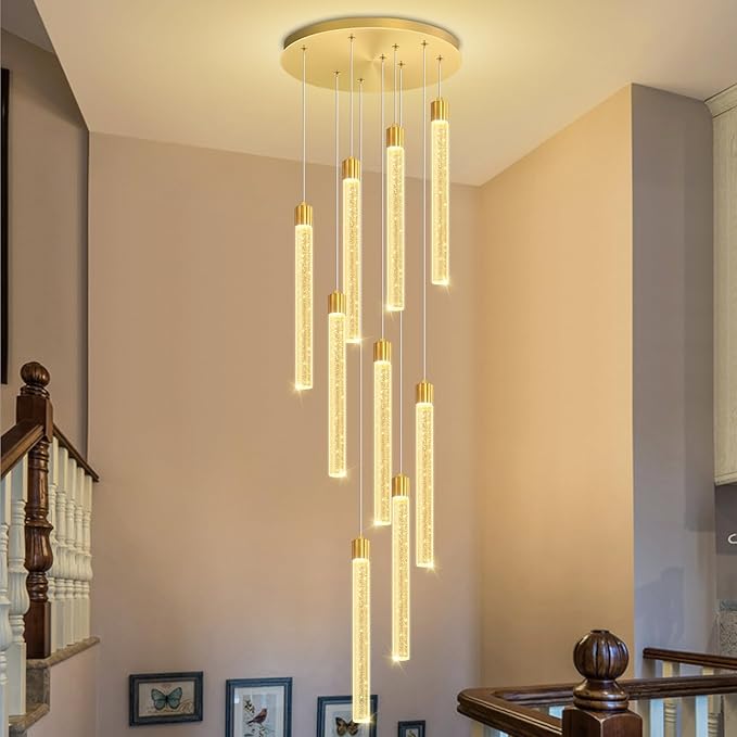 Modern 9-Lights Gold Crystal Column Chandeliers for Entrance Dimmable LED Pendant Lighting Hanging Lights for Dining Room Bedroom Foyer Staircase Living Room