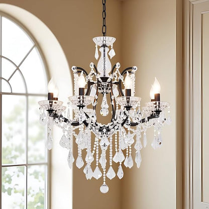 6-Light Crystal Chandelier Black Finish Modern Luxury Antique Flush Mount Chandelier with Crystal Drops Prisms Beads, Elegant Dining Room Living Room Entryway Foyer Ceiling Light Fixture