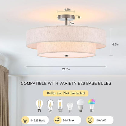 21.7" Modern Semi Flush Mount Ceiling Light 4-Lights Linen Drum Ceiling Lighting with Chrome Finish, Vintage Ceiling Light Fixture for Laundry Room, Kitchen, Living Room, Dining Room, Bedroom