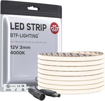 BTF-LIGHTING FCOB COB 3mm Width UL Listed Super Narrow Flexible Uniform LED Strip Light 16.4FT DC12V 4000K CRI 90+ Dimmable LED Ribbon for Kitchen Home Indoor Decoration(No Adapter or Controller)