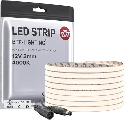 BTF-LIGHTING FCOB COB 3mm Width UL Listed Super Narrow Flexible Uniform LED Strip Light 16.4FT DC12V 4000K CRI 90+ Dimmable LED Ribbon for Kitchen Home Indoor Decoration(No Adapter or Controller)