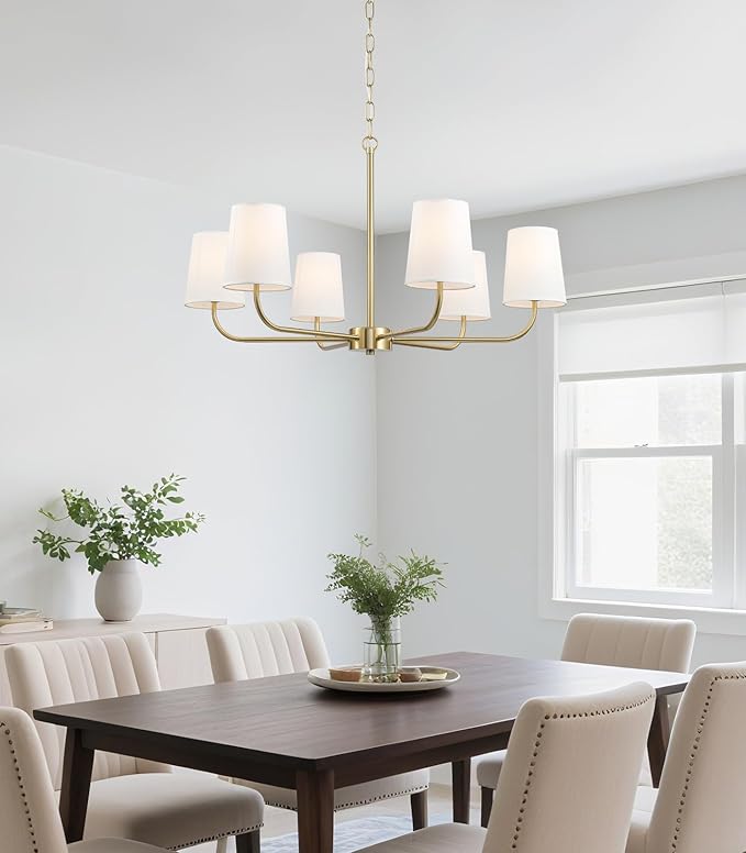 6-Light Brushed Gold Pendant Chandelier with White Linen Shades, E12 Base - Farmhouse & Industrial Style for Kitchen, Living Room, Dining Room, or Bedroom Lighting