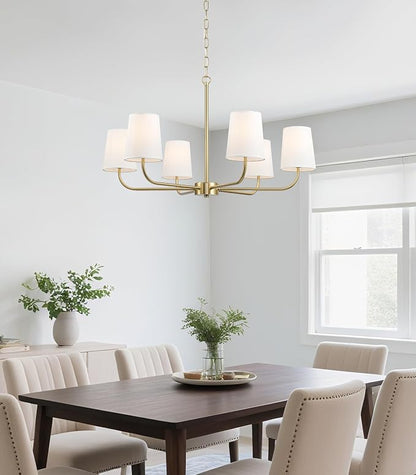 6-Light Brushed Gold Pendant Chandelier with White Linen Shades, E12 Base - Farmhouse & Industrial Style for Kitchen, Living Room, Dining Room, or Bedroom Lighting