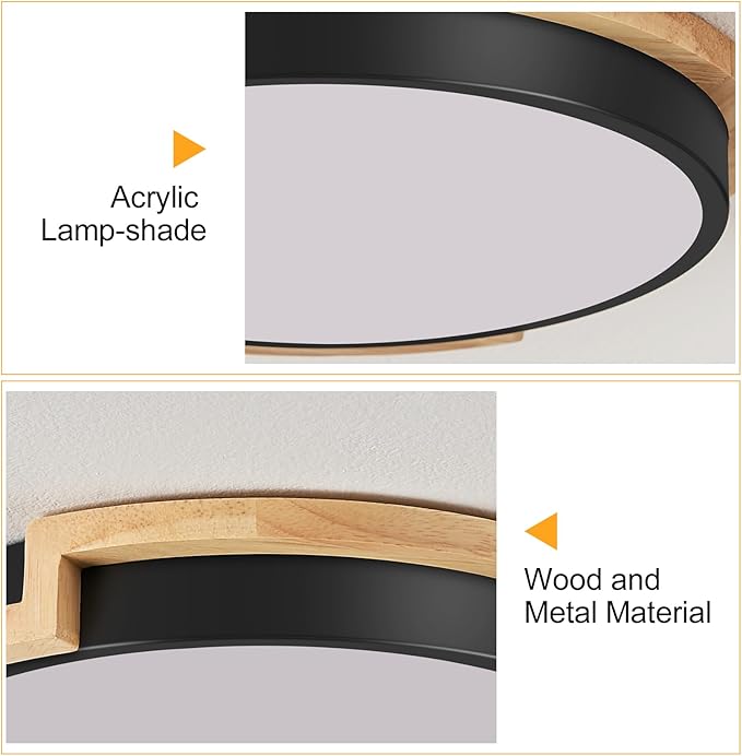 Modern Dimmable LED Flush Mount Ceiling Light Fixture,Round Close to Ceiling Lighting,Matte Black with Wood Accent,Minimalist Kitchen Light Fixtures for Bedroom,Entryway,Living Room,11.81in