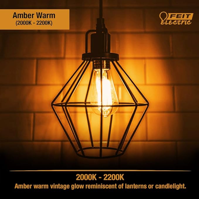 Feit Electric Vintage Exposed Filament Amber Glass LED ST15 with a Candelabra E12 Base Light Bulb - 25W Equivalent - 10 Year Life - 200 Lumen - 2100K Soft White - Dimmable | Original Vintage