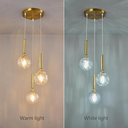 Mid Century Globe Pendant Light with Clear Glass for Kitchen Island Modern Gold Finish Hanging Light Fixture Retro Round Pendant Lighting for Living Room Bedroom Entryway(3 Lights)